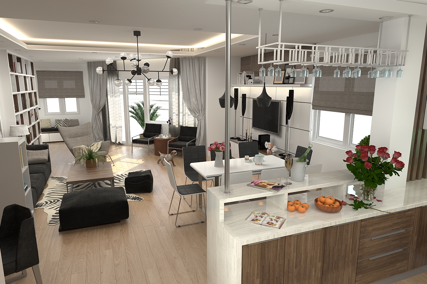 Thiết kế nội thất kết hợp phòng khách và phòng bếp